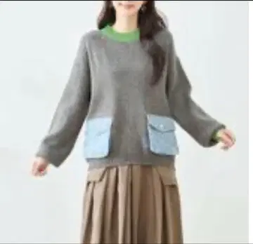 데님 포켓 바이컬러 니트 풀오버