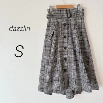 더즐린 플레어 스커트 종아리 기장 A라인 벨트 체크 무늬 그레이 S