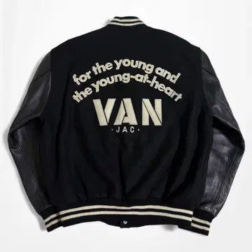 VAN JAC 멜톤 울 암 가죽 아치 로고 바시티 자켓 블랙