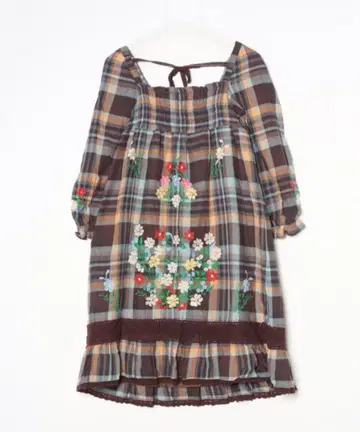 모리걸 체크 무늬 꽃무늬 자수 7부 소매 원피스 프릴