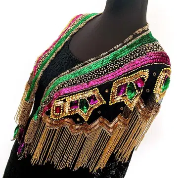 핑크 x 그린 x 골드 비즈 자수 숄 댄스 의상 빈티지