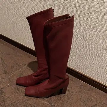 긴자 카네마츠 버건디 롱 부츠 중간 힐 빨간색 가죽