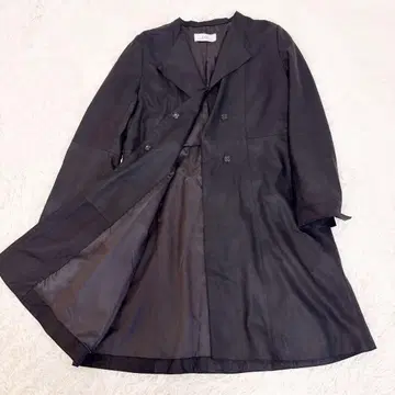 블랙 가죽 더블 브레스트 롱 코트 양가죽 사이즈 L