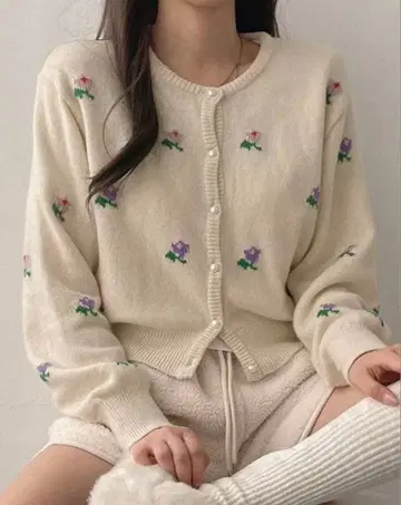 플라워 가디건 레트로 아이보리