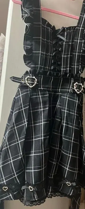 LIZLISA 블랙 체크 리본 포함 오버롤 스커트 양산형