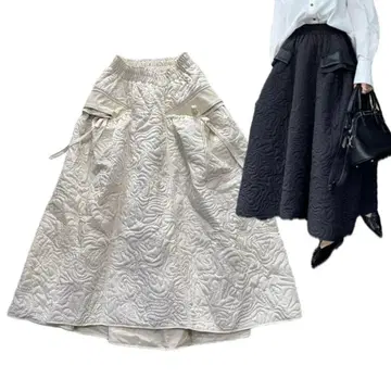 도노반 퀼팅 플레어 스커트 화이트 리본 가죽