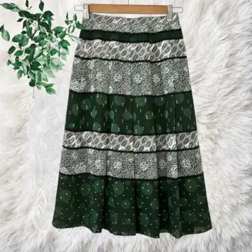 플리츠 스커트 미디 미모레 보태니컬 무늬 올 패턴 보더 그린 그린