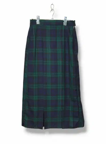 블랙워치 박스 플리츠 롱 스커트: 그린