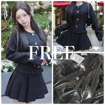 Darich 박스 플리츠 트위드 미니 원피스 블랙 FREE