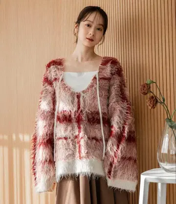 체크 샤기 니트 풀오버 mideal