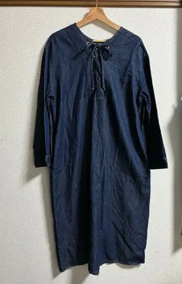 데님 레이스업 넥 원피스 롱 원피스