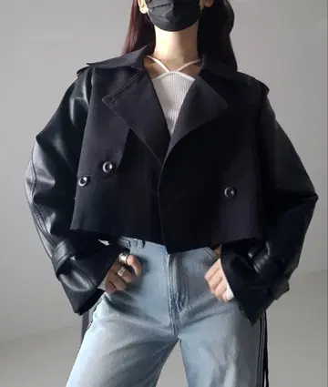 인조 가죽 도킹 숏 트렌치코트