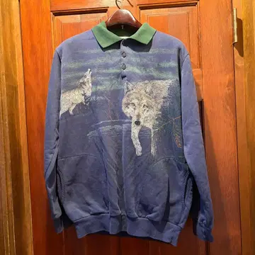 빈티지 구제 의류 울프 패턴 늑대 긴팔 피케 셔츠