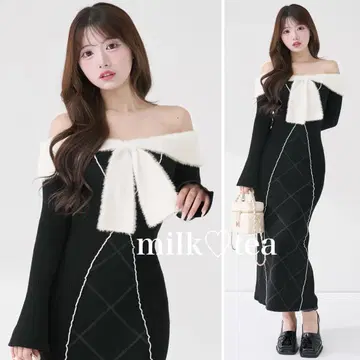 택 포함 새상품 다리치 리본 스티치 니트 롱 원피스 블랙 프리