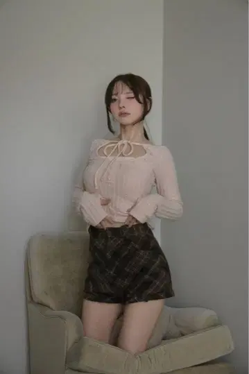 Ribbon check mini pants color brown