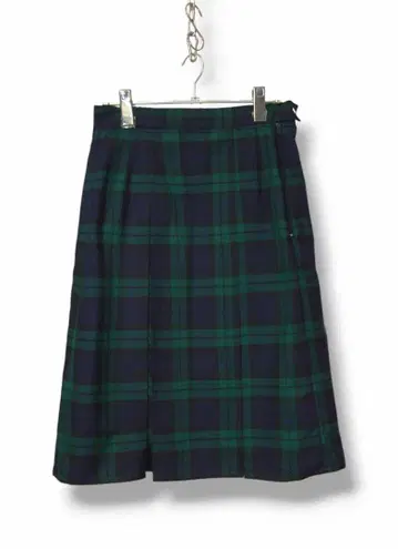 블랙워치 박스 플리츠 롱 스커트: 그린