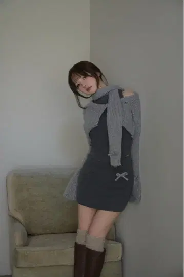 Zoff muffler knit set up color gray