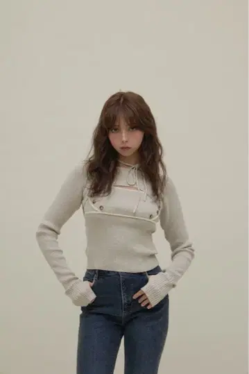 Elf button knit tops color beige