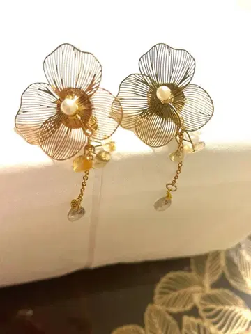 꽃 디자인 와이어 귀찌 시트린 루틸 쿼츠