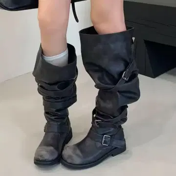 블랙 가죽 롱 부츠