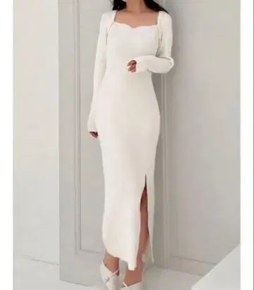 하트 넥 리브 니트 원피스 리젝시