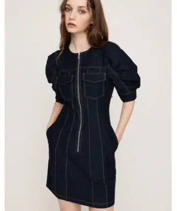 다크 블루 퍼프 슬리브 미니 원피스