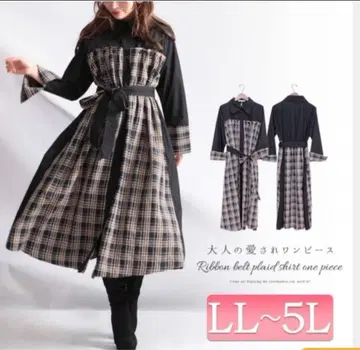 리본 벨트 체크 무늬 원피스 LL~5L
