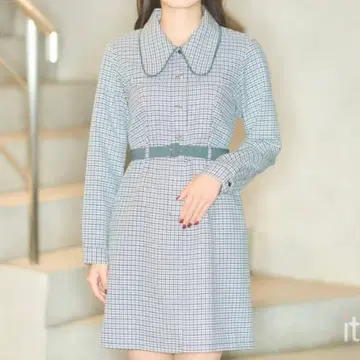 REDYAZEL 체크 무늬 카라 부착 미니 셔츠 원피스