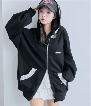 레이스 달린 ZIP 후드티 블랙 olive des olive