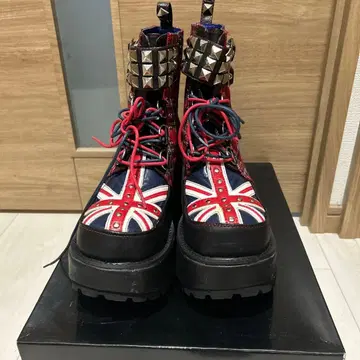 완판템 yosuke 타탄 체크 통굽 부츠 유니언 잭 스터드