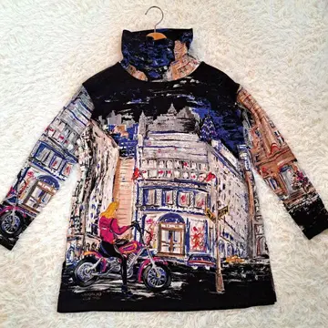 90s 빈티지 아트 프린트 터틀넥 긴팔 상의 울 100%