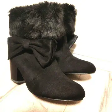 스웨이드 부츠 퍼 포함 리본 블랙 중간 힐 L 사이즈