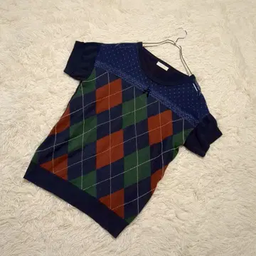 [리즈리사] 아가일 무늬 썸머 니트 목 메쉬 비침 리본 자수