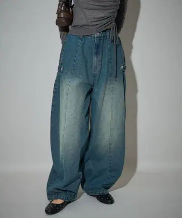 PUBLUX/퍼블럭스 로우라이즈 절개 루즈 턱 와이드 데님