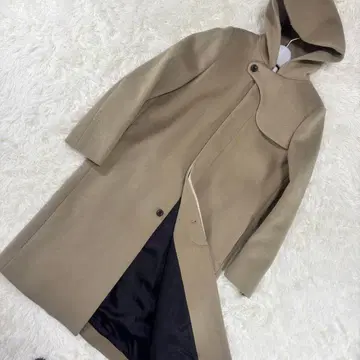 HYKE 후드 부착 멜톤 롱 코트 캐시미어 혼방 베이지 사이즈 1