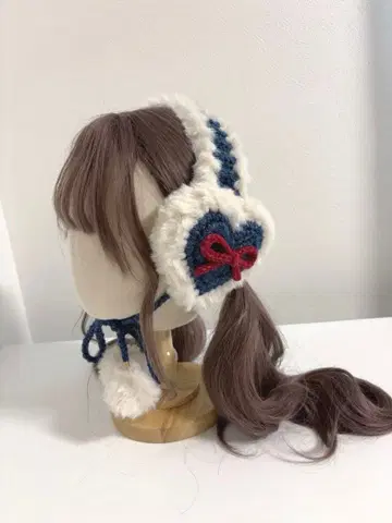 하트 귀도리 블루 핸드메이드 리본 귀마개