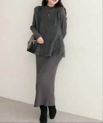 natural couture 페더 페플럼 베스트 + 리브 타이트 원피스