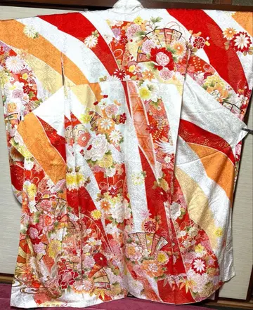 화이트 길상 부채 학 모란 후리소데 기장 169