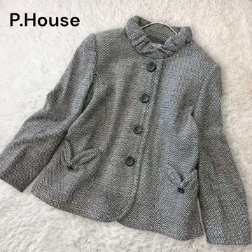 피하우스 스탠드 카라 트위드 자켓 숏코트 울 블랙 화이트