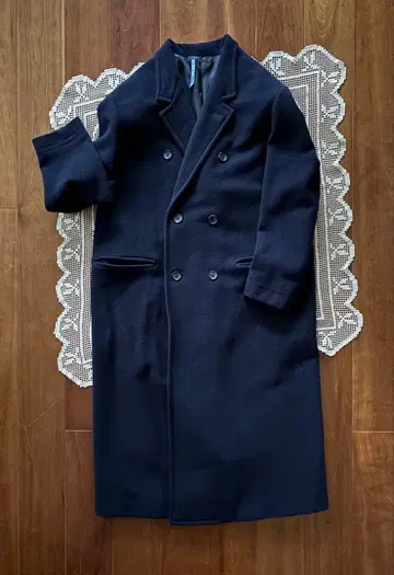 PEYTON PLACE 울 더블 브레스트 롱 체스터 코트 다크 네이비