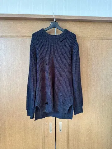 RAW LIFE 데미지 가공 굵은 짜임 크루넥 니트 L 블랙