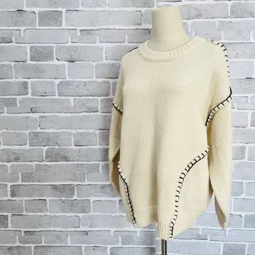 디자인 니트 스웨터 화이트 블랙 파이핑 긴팔 루즈핏 오버 사이즈 B594