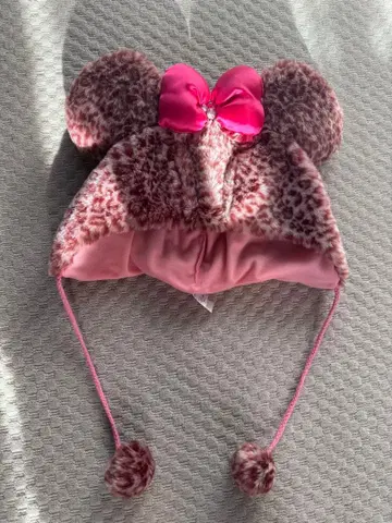 미키풍 레오파드 무늬 귀도리 모자 핑크