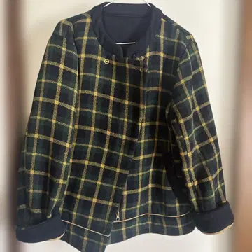 준코 시마다 파트 2 그린과 옐로우 컬러의 체크 노카라 자켓 구제 의류