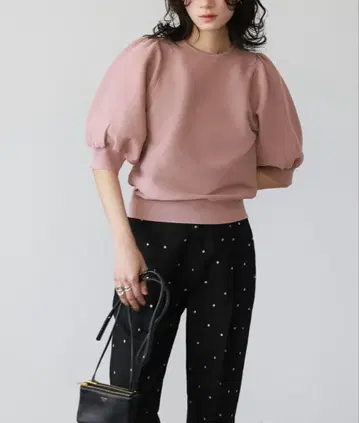 ELFRANK 새상품급 퍼프 슬리브 숏 기장 니트 풀오버 핑크