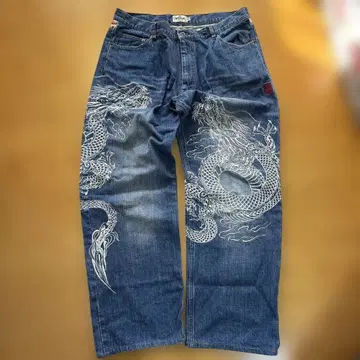 카라쿠리타마시 승룡 일본풍 패턴 데님 팬츠 3L