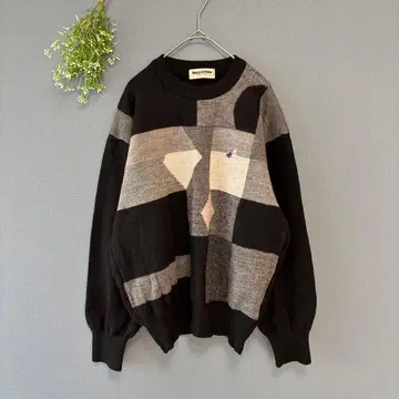 블랙 앤 화이트 [XL] 고급 레트로 패치워크 원 포인트 울 니트