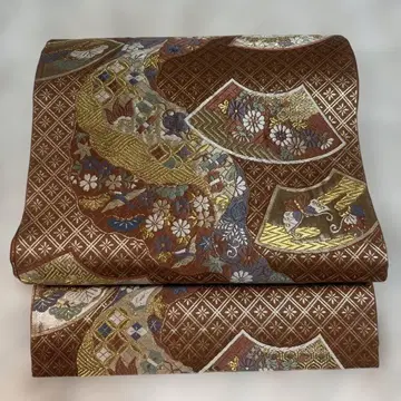 브라운 계열 꽃무늬 금실 자수 후쿠로 오비