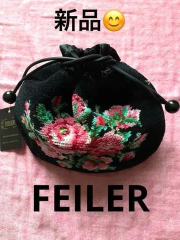 FEILER 꽃무늬 자수 복조리 파우치 블랙