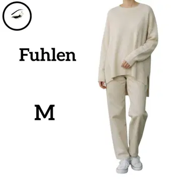 퓨렌 U넥 리브 니트 스웨터 M 베이지 백 레이스업 가을 겨울